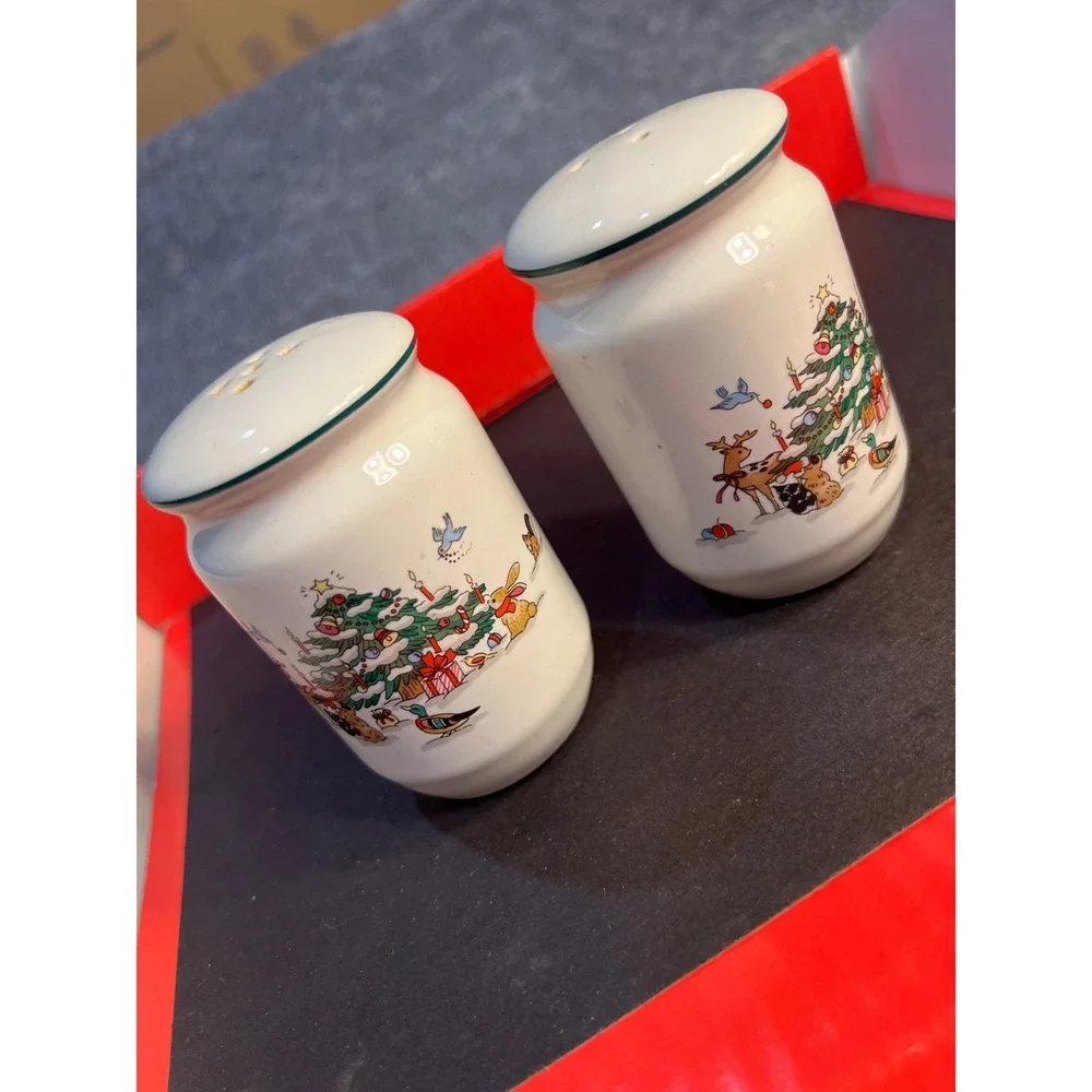 Vintage Christmas Tree Woodland Animals Ceramic Salt and Pepper Shaker Set
